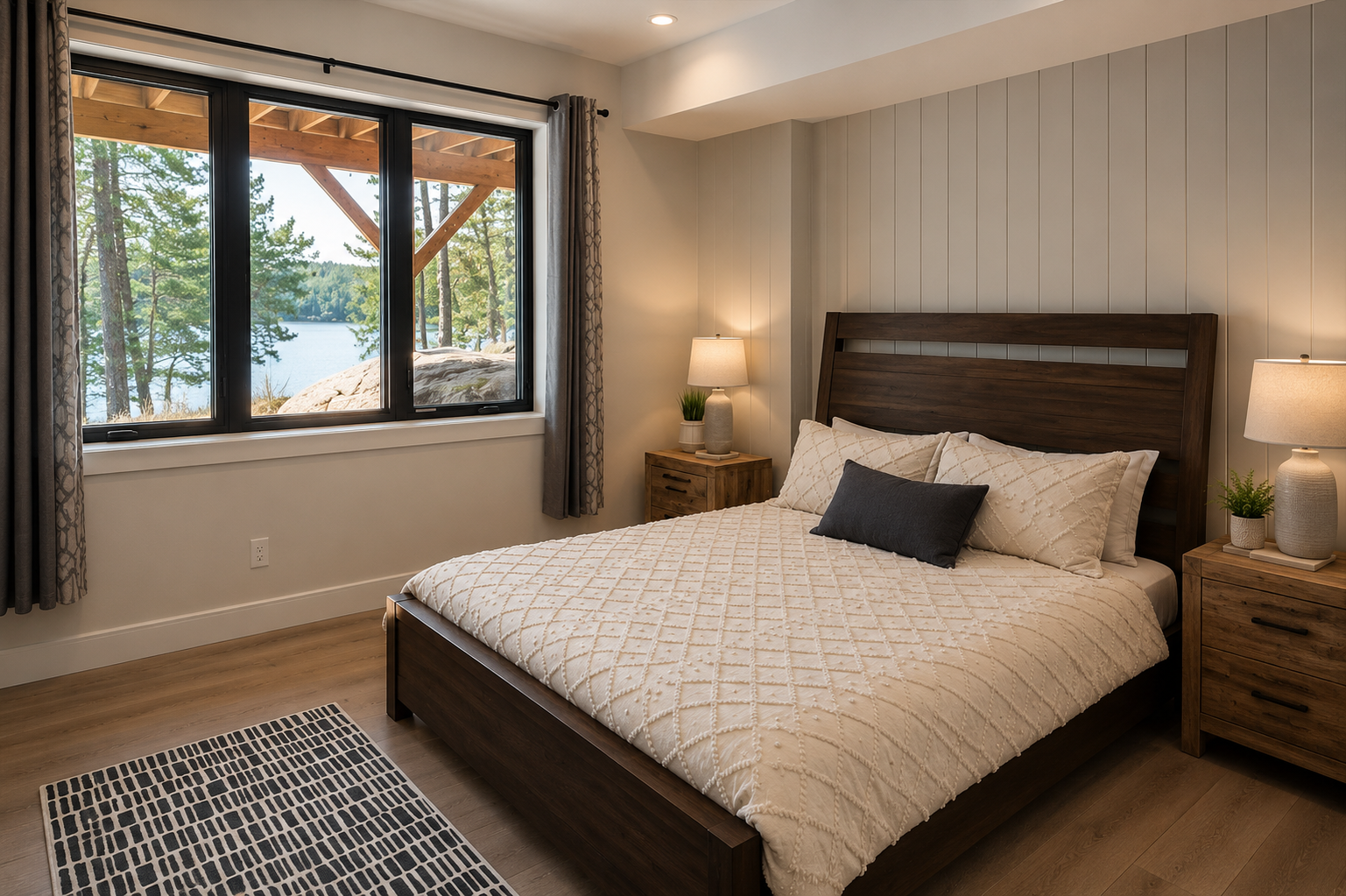 Private Queen Room — cozy queen bed with shiplap wall and window