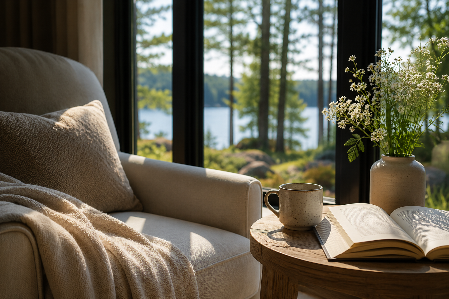 Retreat Nook — armchair by window with lake and forest view