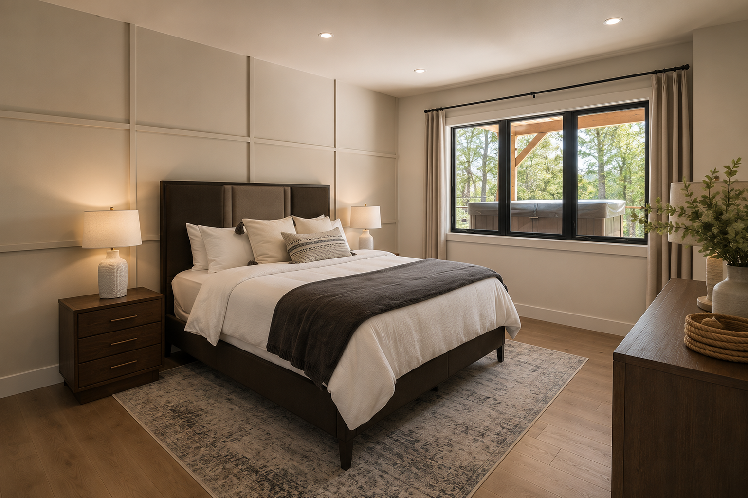 Lakeview Lower Ensuite — spacious room with panel walls and garden view
