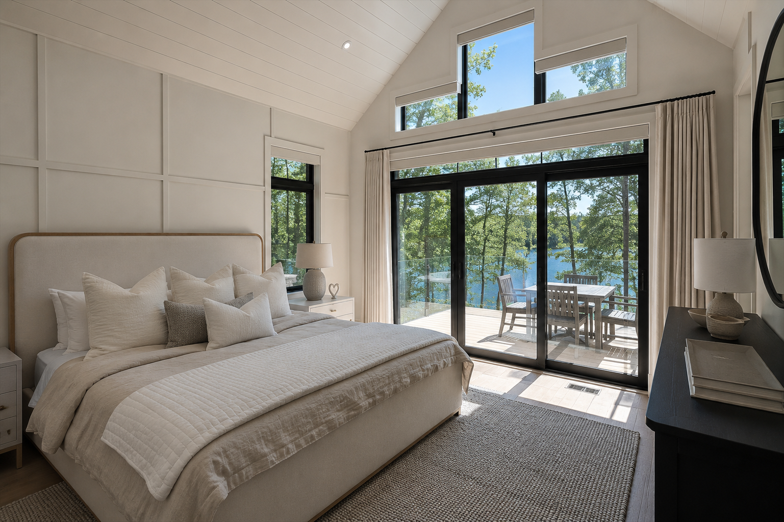 Lakeview Upper Ensuite — vaulted ceiling with floor to ceiling lake view windows